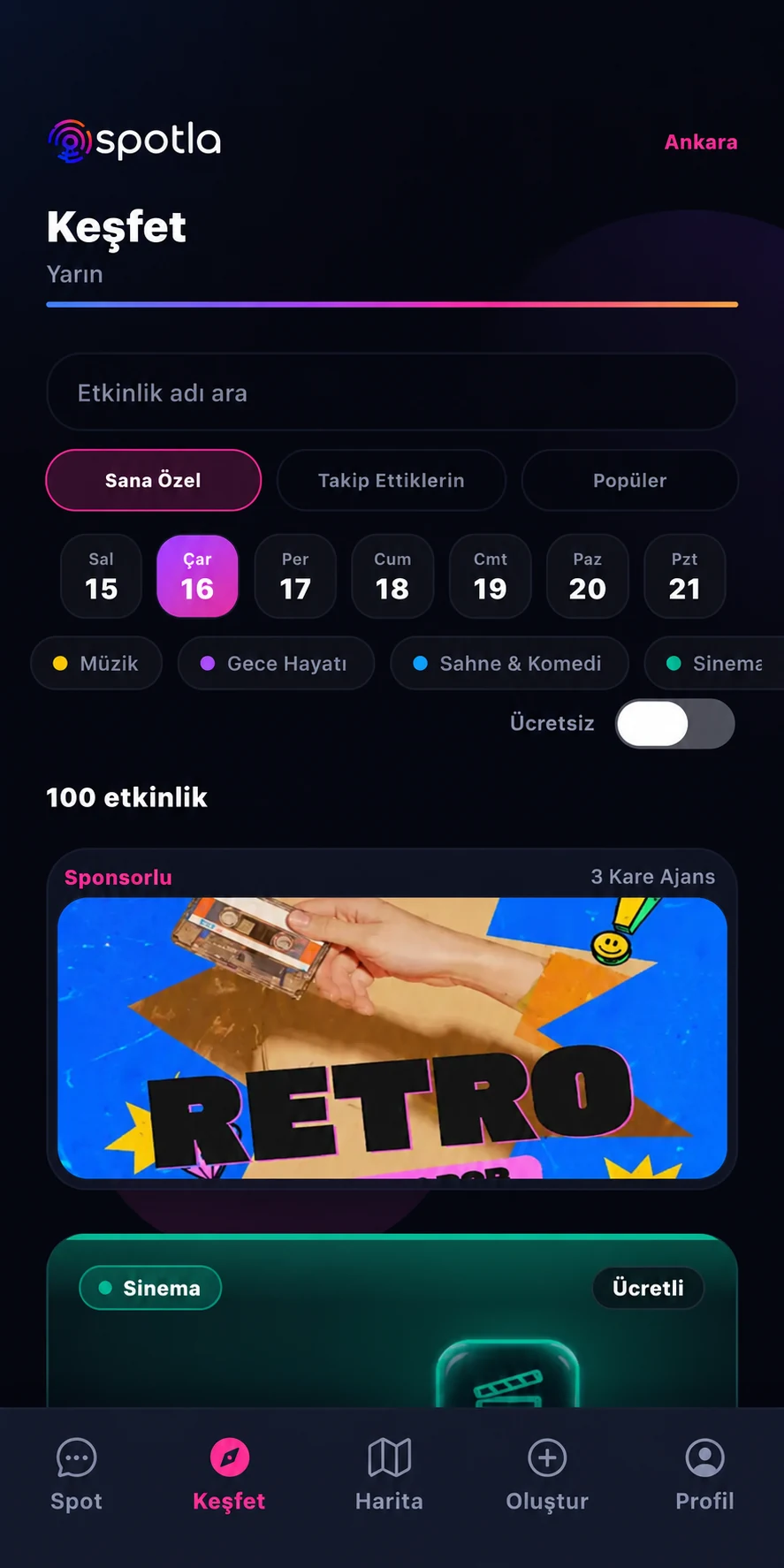 Spotla Keşfet ekranı