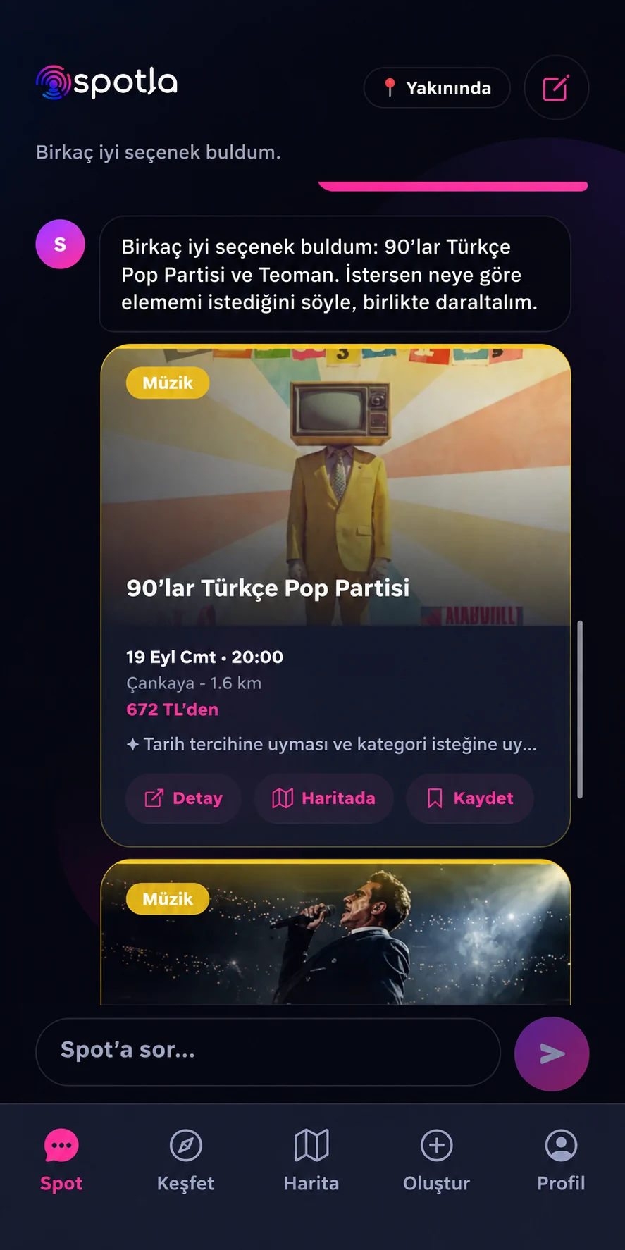 Spot AI etkinlik önerileri ekranı